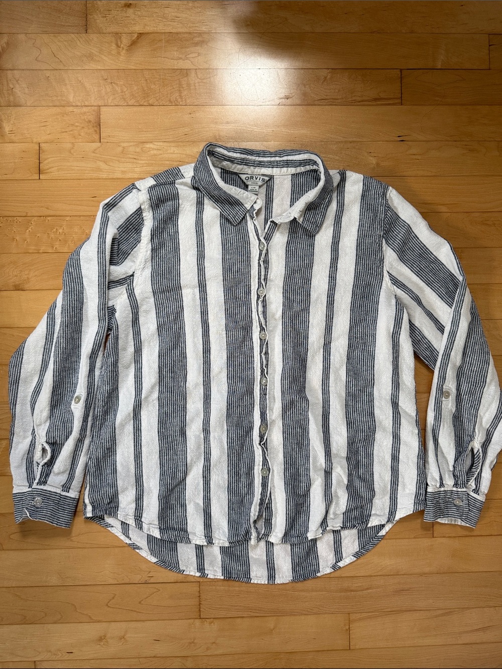 Orvis Linen Blend Stripped Button Down Shirt White Black Size L or Relaxed M